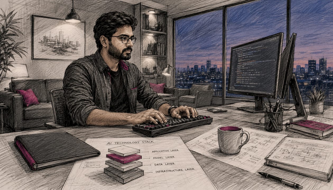 Hands typing with AI technical diagrams nearby