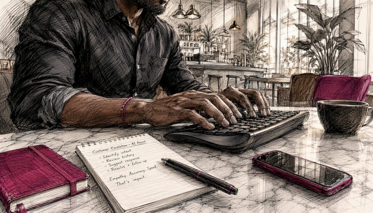 Customer support agent typing at desk with notes