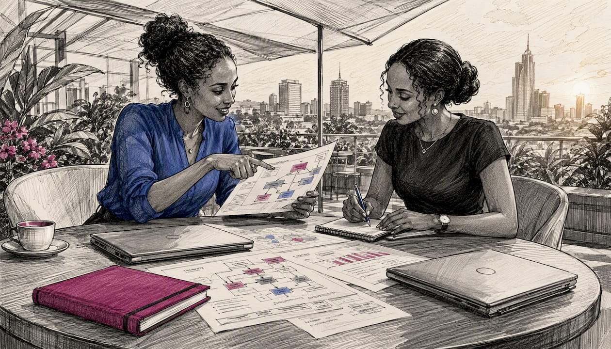 Two women discussing algorithm charts in conference room