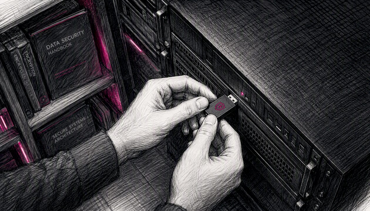 Hands inserting encryption hardware key