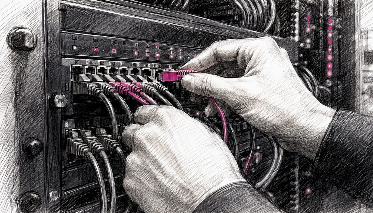 Hands managing network cables in data center