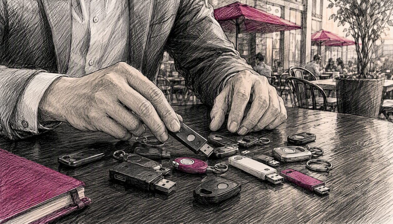 Hands separating security tokens on dark table
