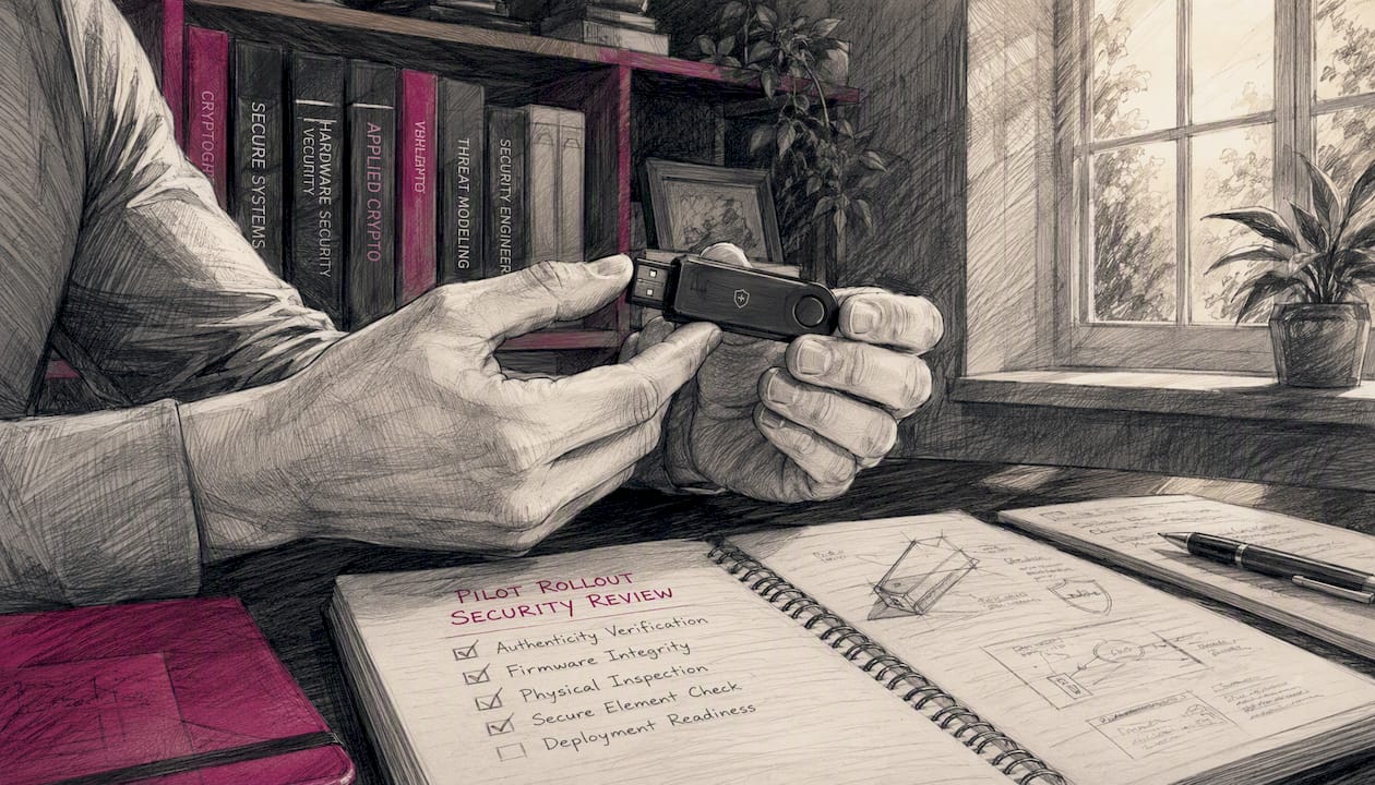 Hands inspecting hardware security token for review
