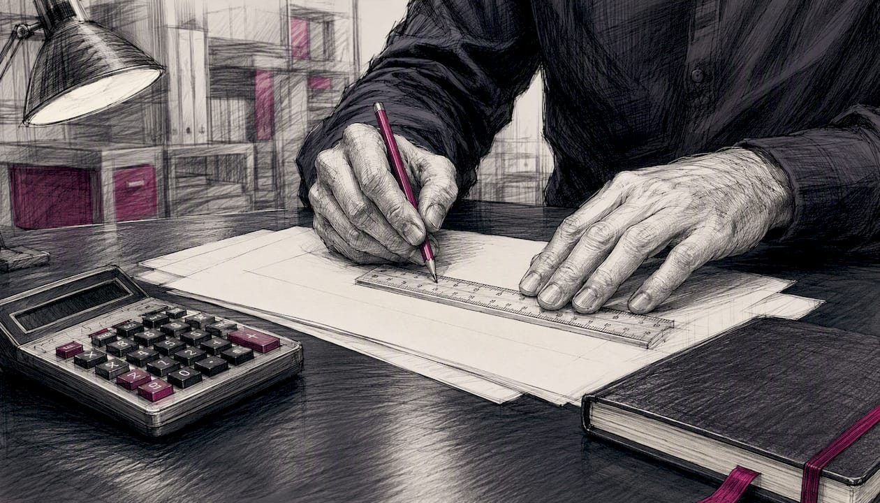 Hands measuring workflow costs with calculator and ruler