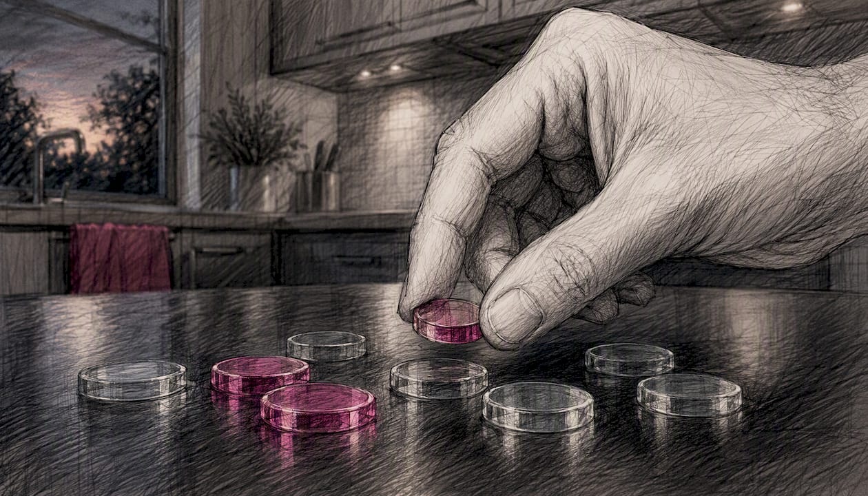 Hand placing translucent tokens on table
