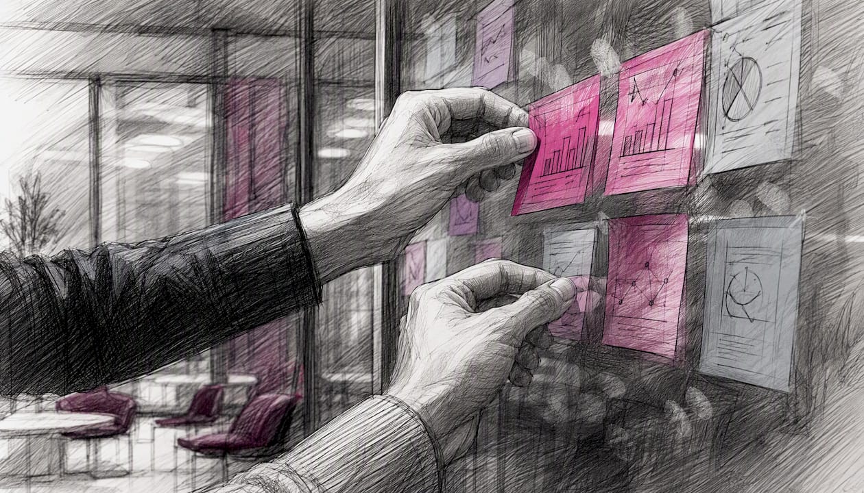 Hands placing notes on glass board
