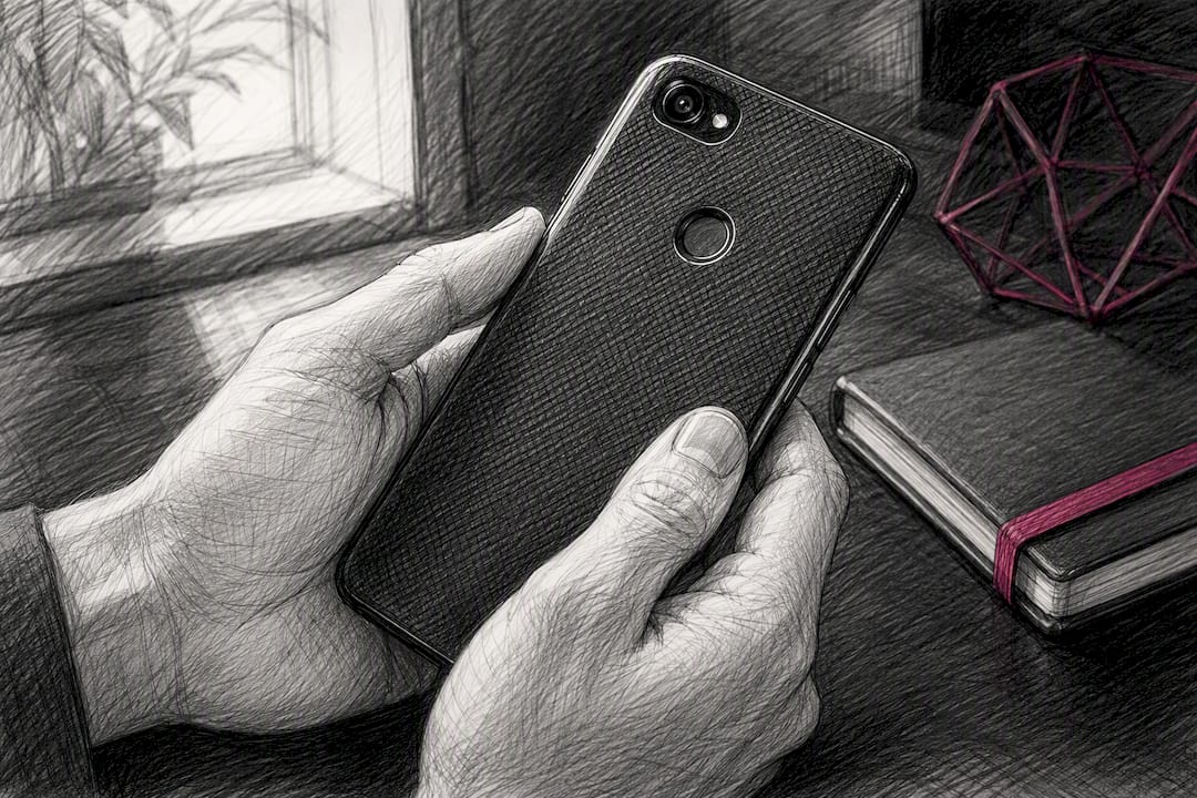 Hands adjusting phone focusing on fingerprint sensor