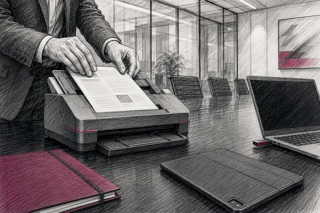 Hands operating OCR scanner in office