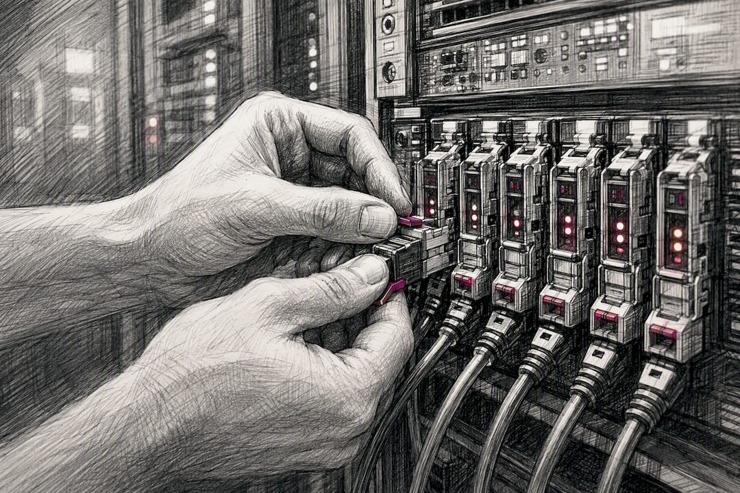 Hands connecting fiber optics in data stream buffering