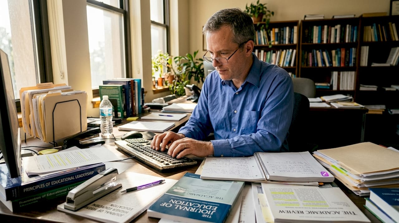 Man preparing CV in university office