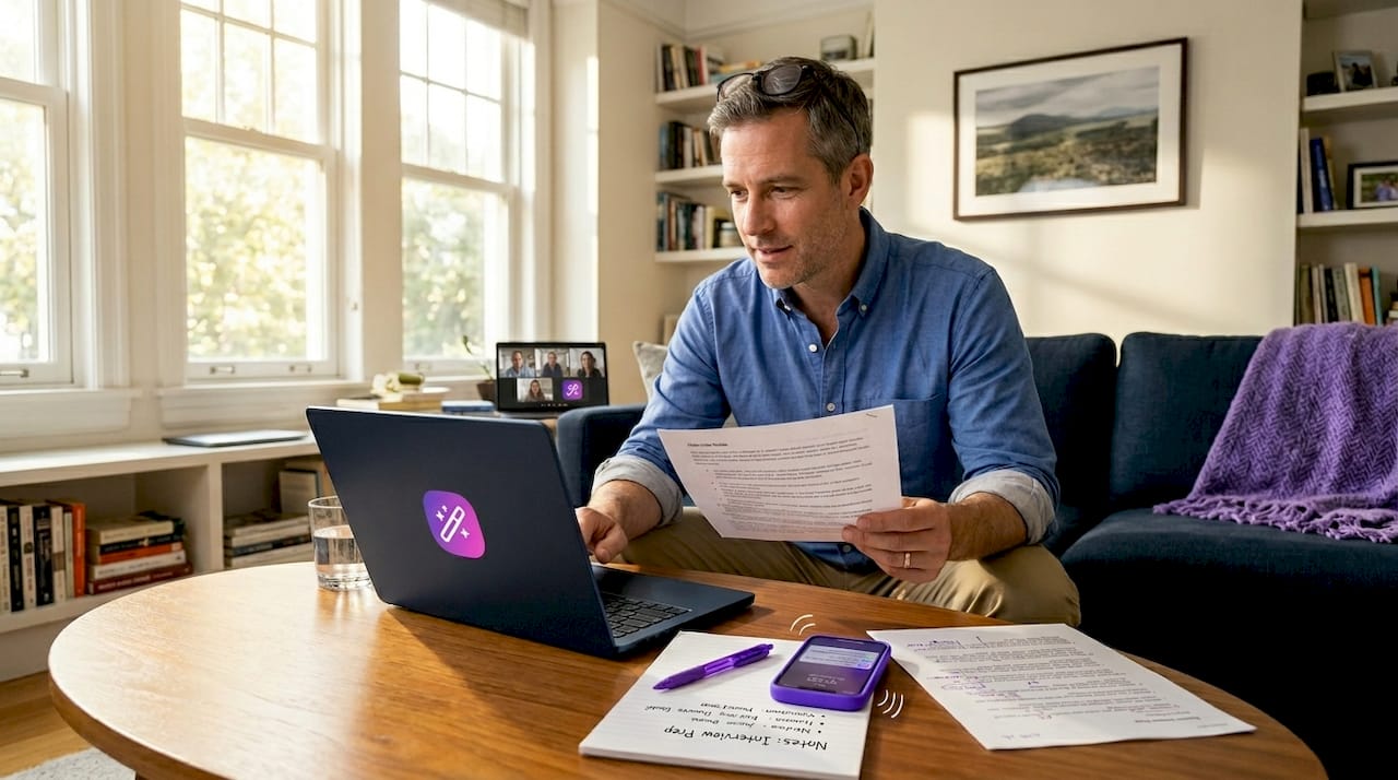 Man prepares for job interview in living room