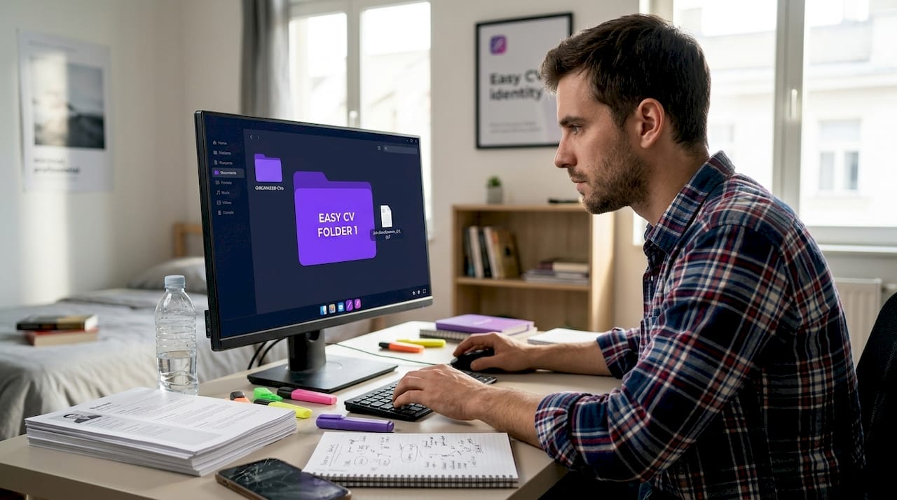 Man managing resume drafts at desk