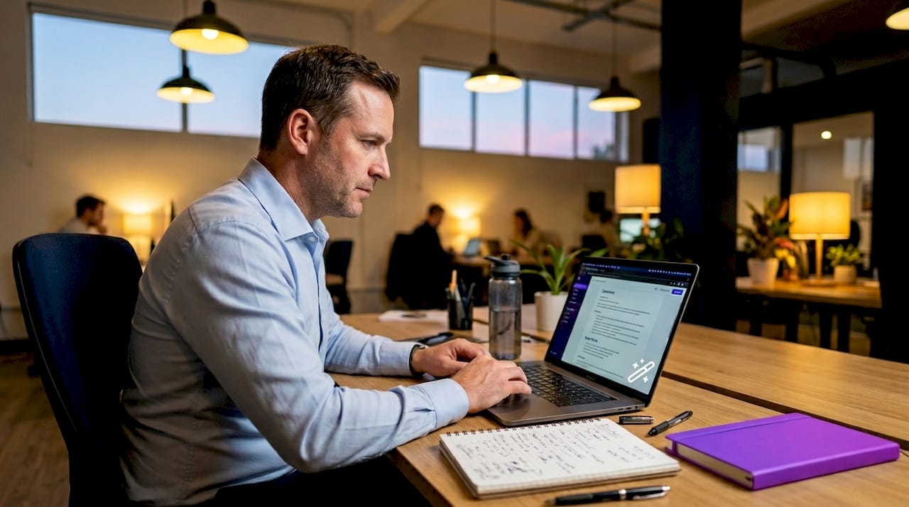 Man editing resume at coworking desk in evening