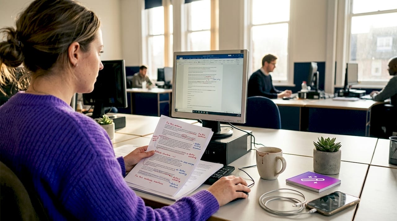 Woman revising cover letter template at shared workspace