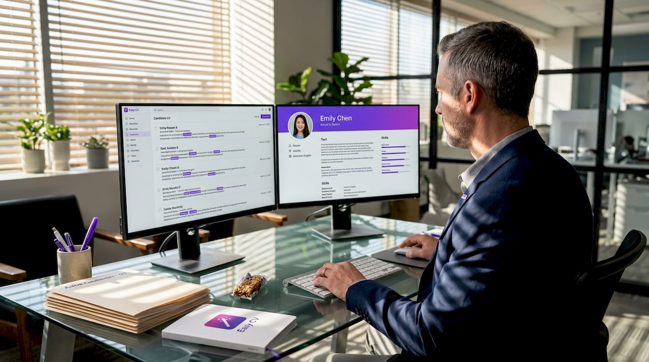 Recruiter reviewing digital resumes at desk