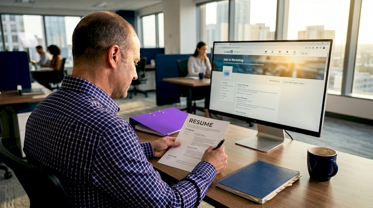Manager reviewing printed resume at office desk