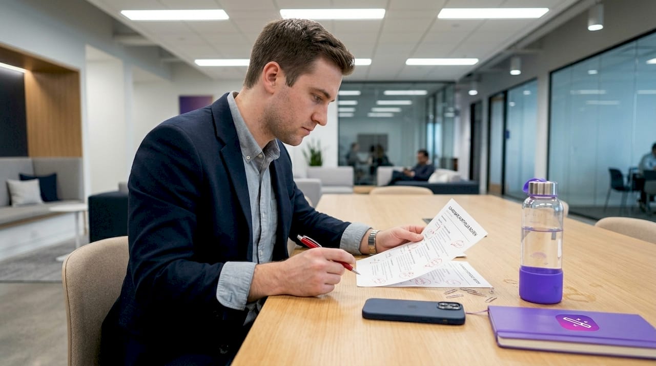 Man checking corrections on printed resume