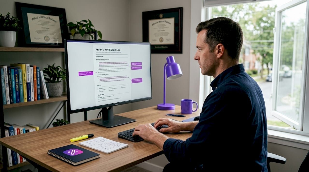Man editing resume draft in home office