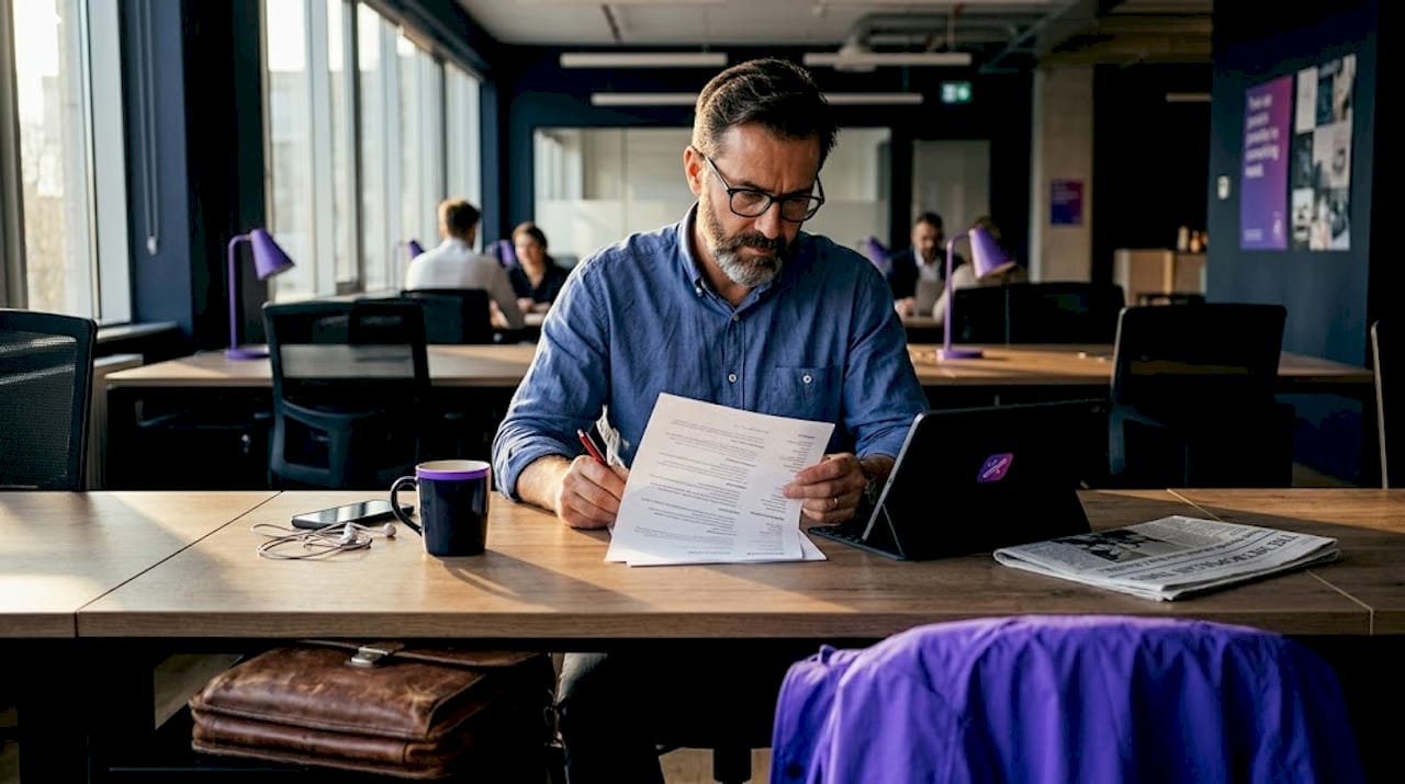 Professional revises printed resume at coworking desk