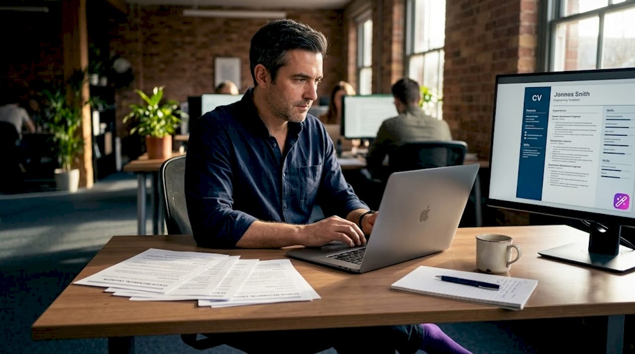 Man updating CV templates in shared office