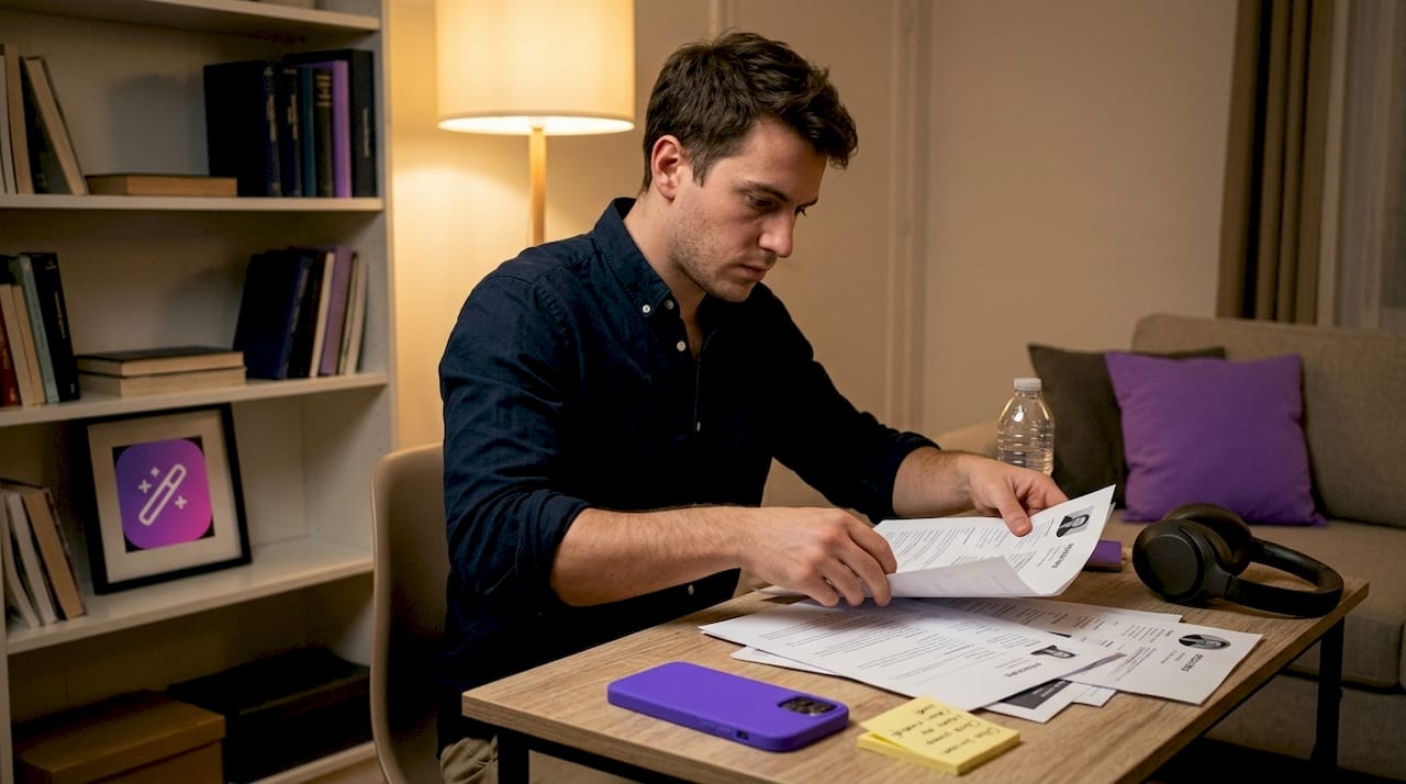 Man organizing resumes at small desk
