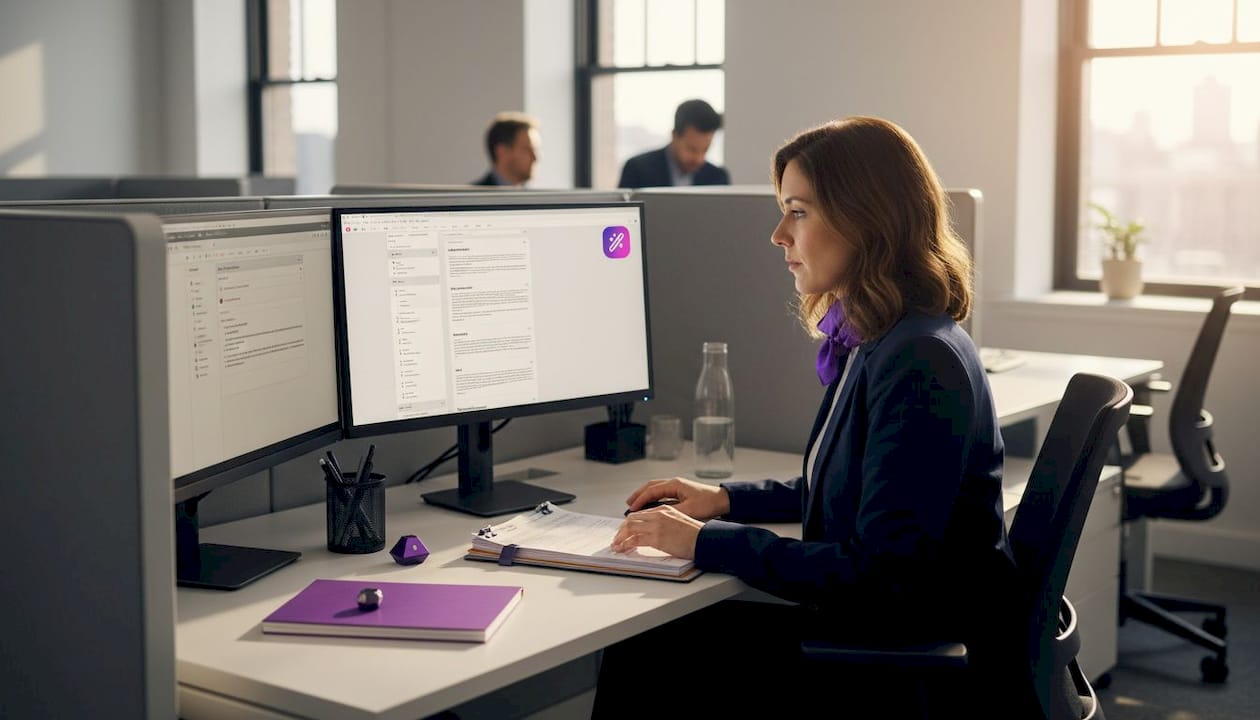 HR person scanning digital CVs at cluttered desk