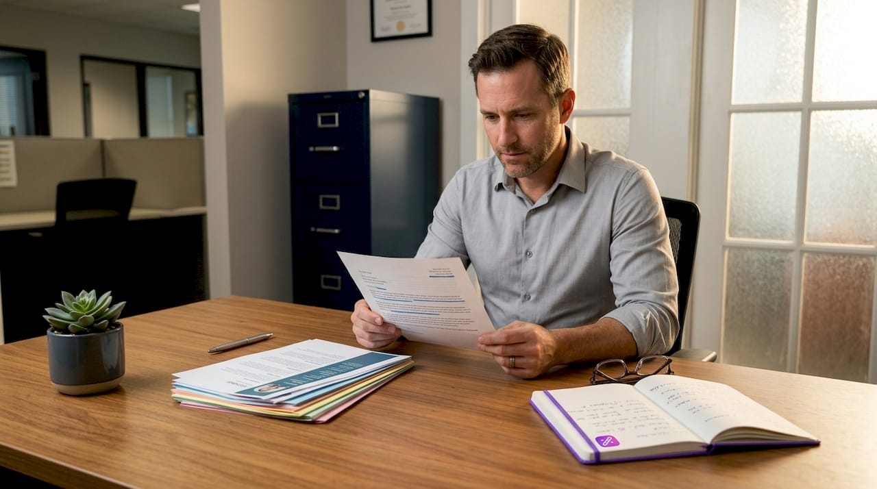 Hiring manager reviewing printed cover letter and resumes