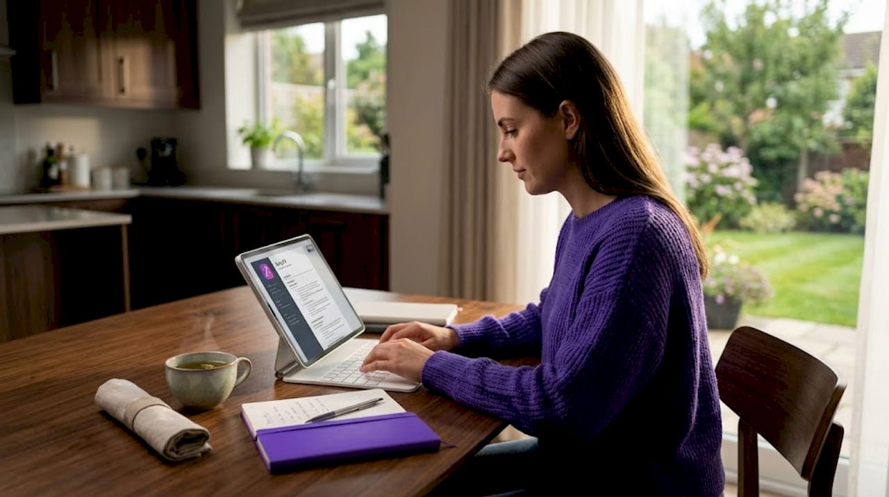 Woman editing resume on tablet at kitchen table