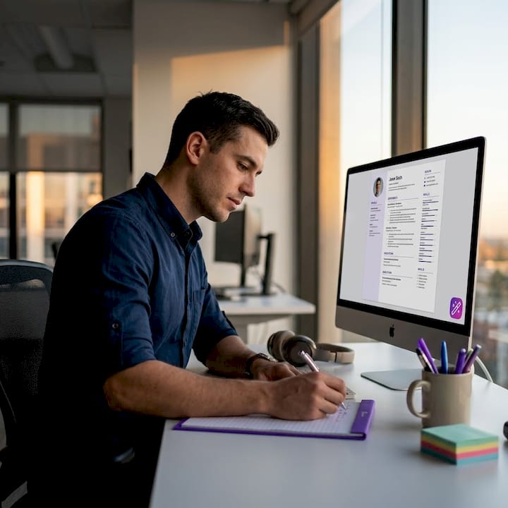 Man reviewing resume structure on monitor
