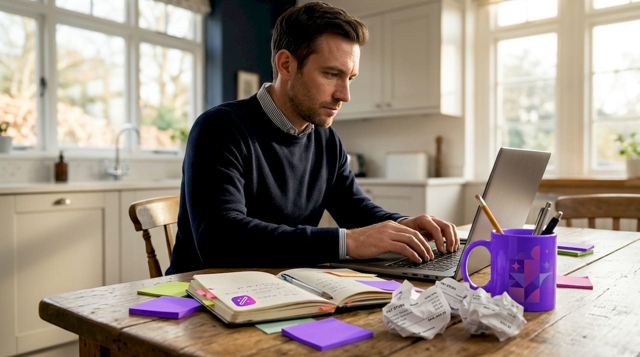Person compiling career history at home table