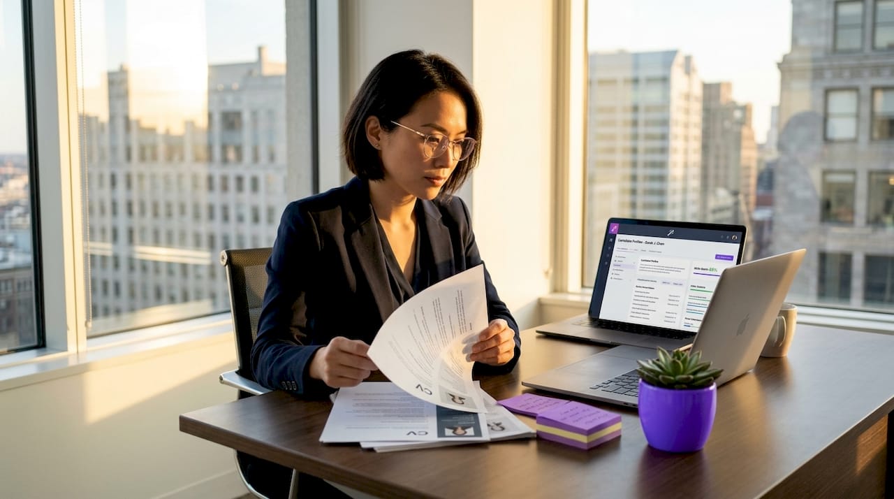Recruiter quickly scanning CVs at messy desk