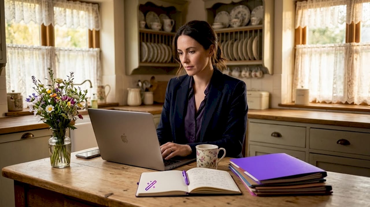 Woman edits resume at kitchen island with folders