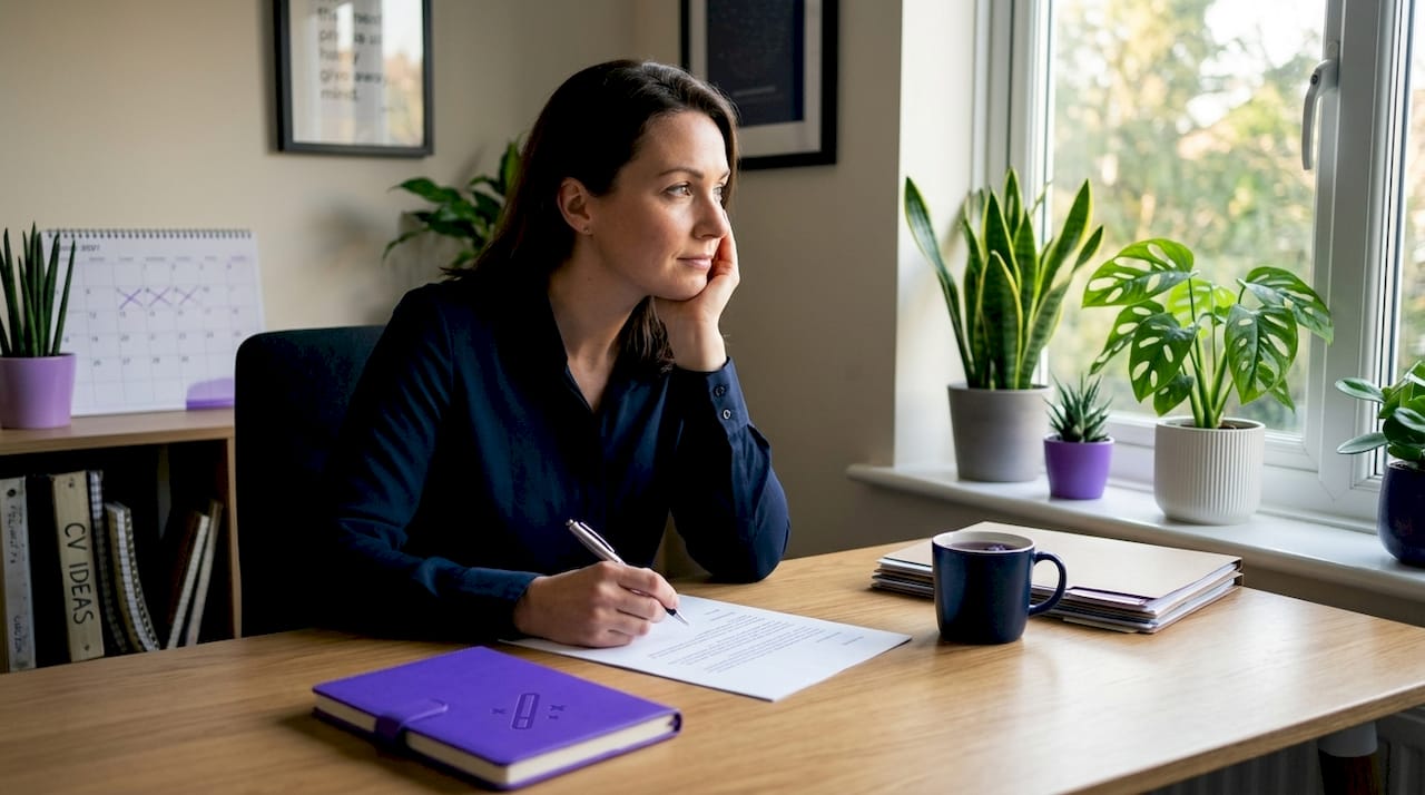 Person writing resignation letter at office desk