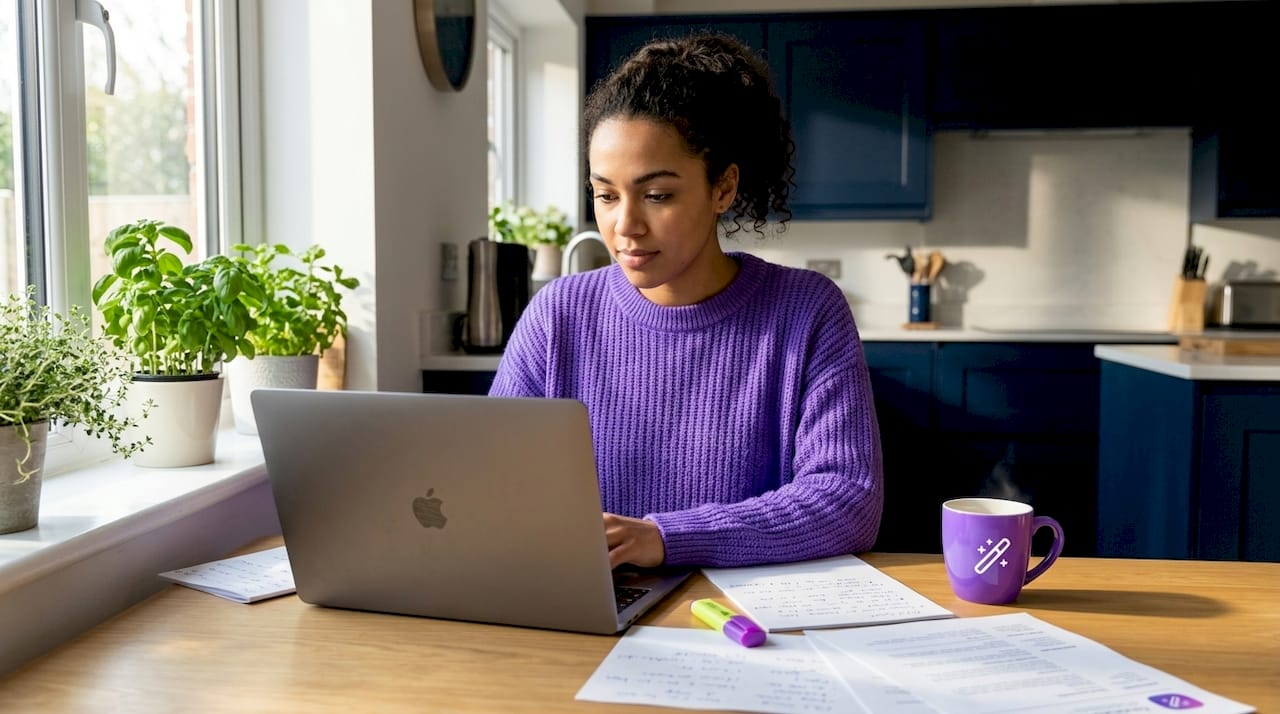 Person editing single-column CV at kitchen table