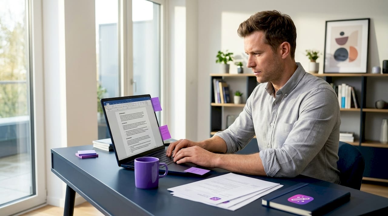 Professional preparing master CV at home desk