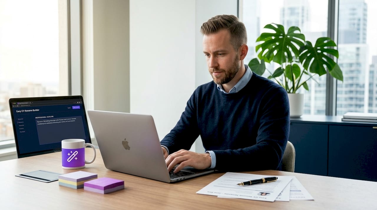 Professional drafting resume headline at office desk