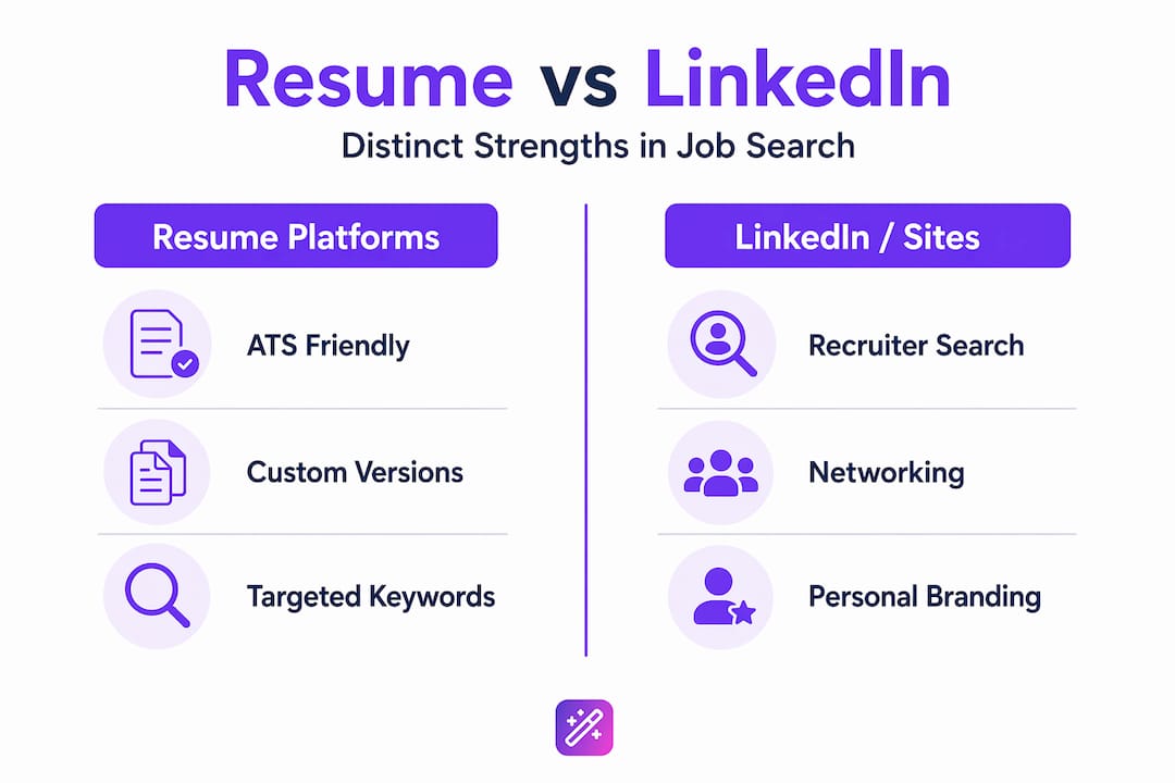 Infographic comparing resume platforms and LinkedIn features