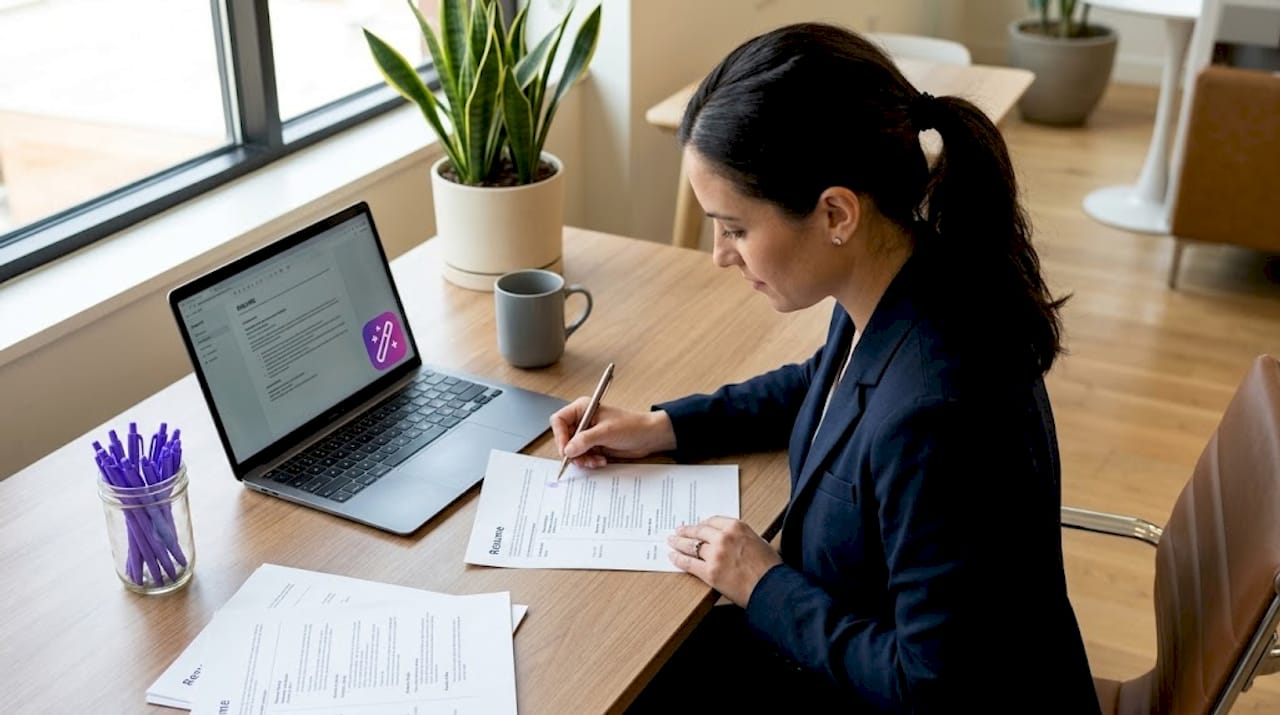 Recruiter reviews chronological resume at office desk
