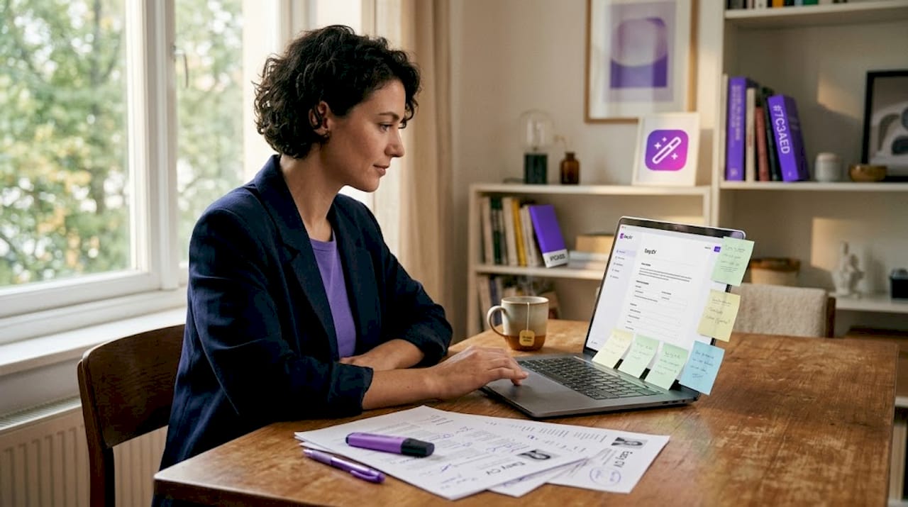 Person revising CV at home desk with printed drafts