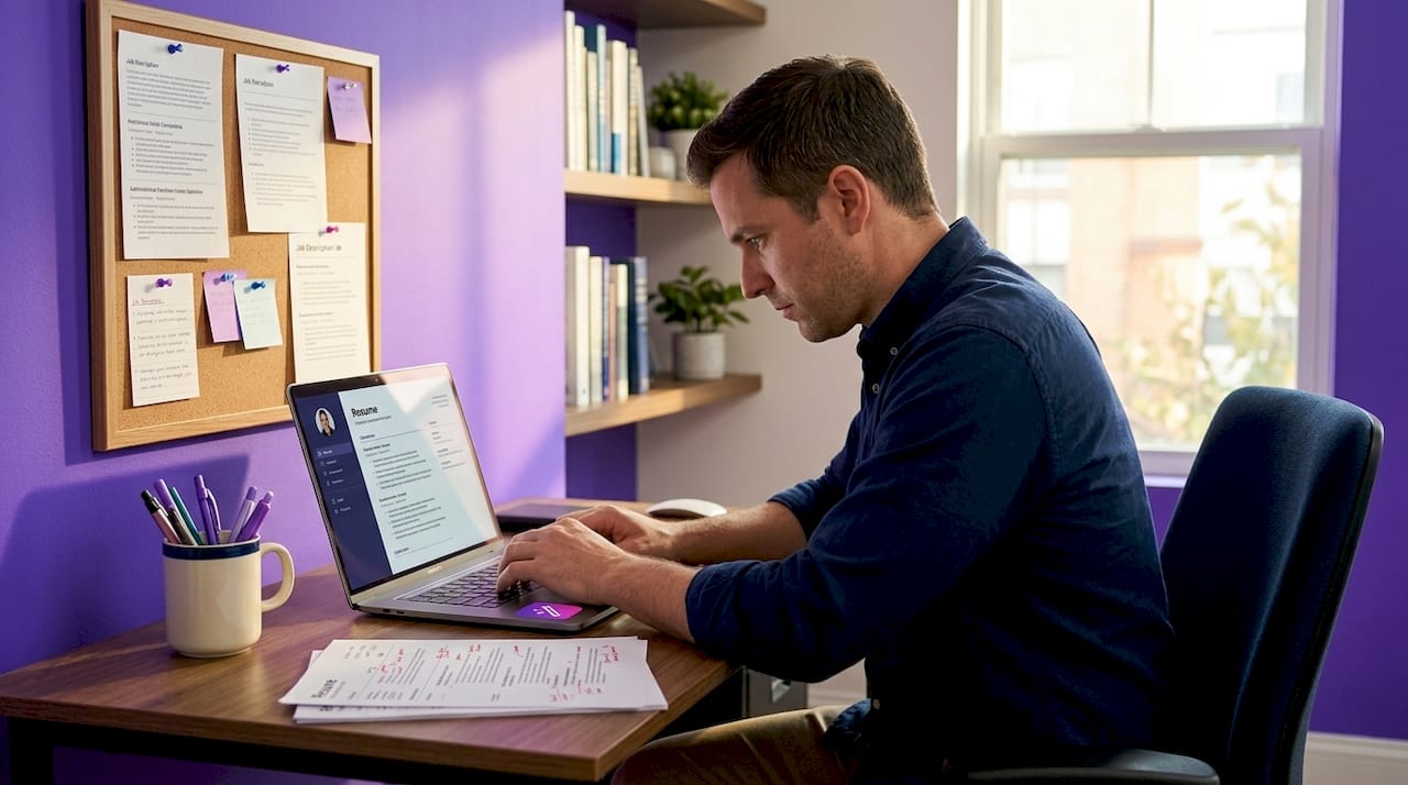 Person revising resume in home office
