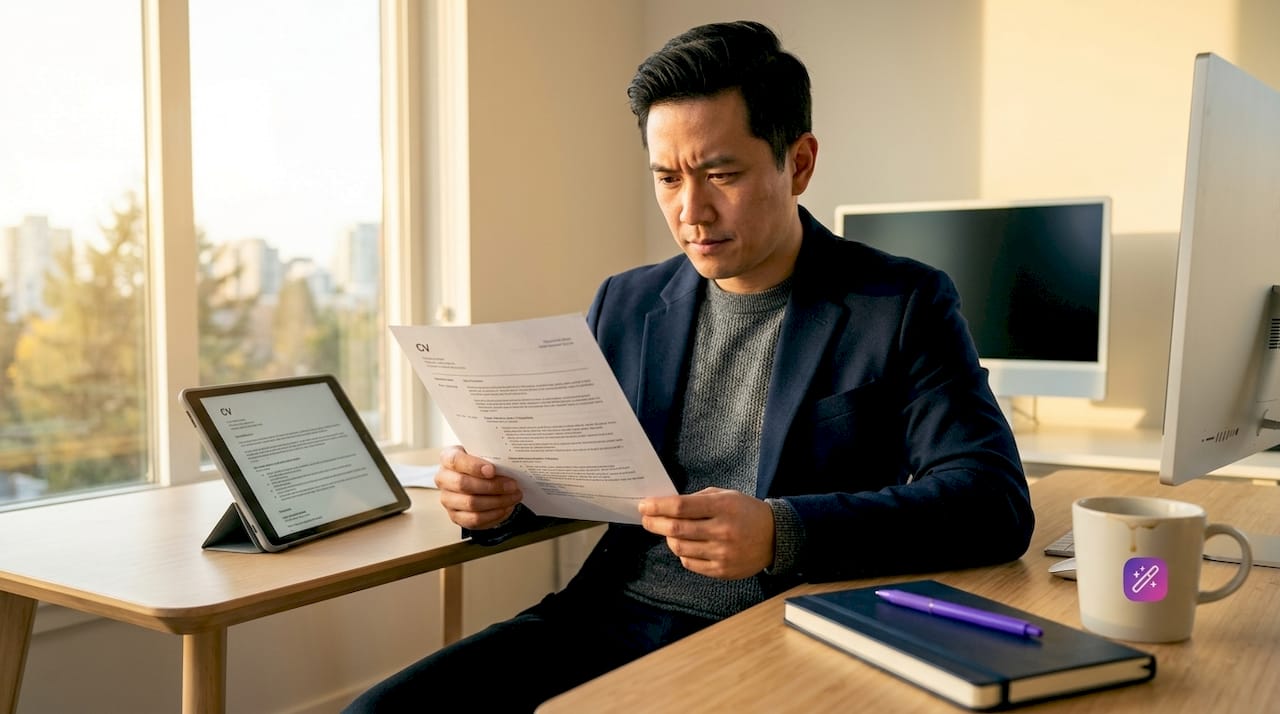 Person reviewing printed CV in home office