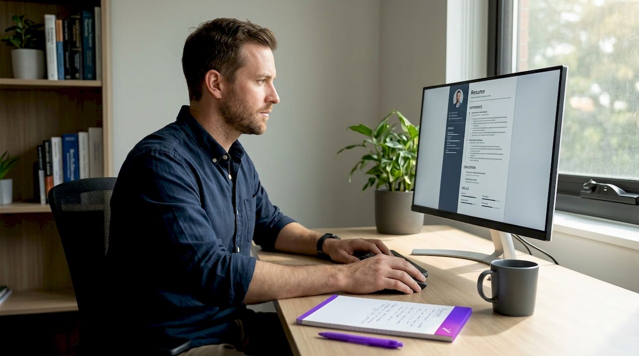 Professional viewing single-column resume on monitor