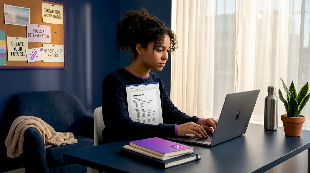 Student working on resume at desk in home office