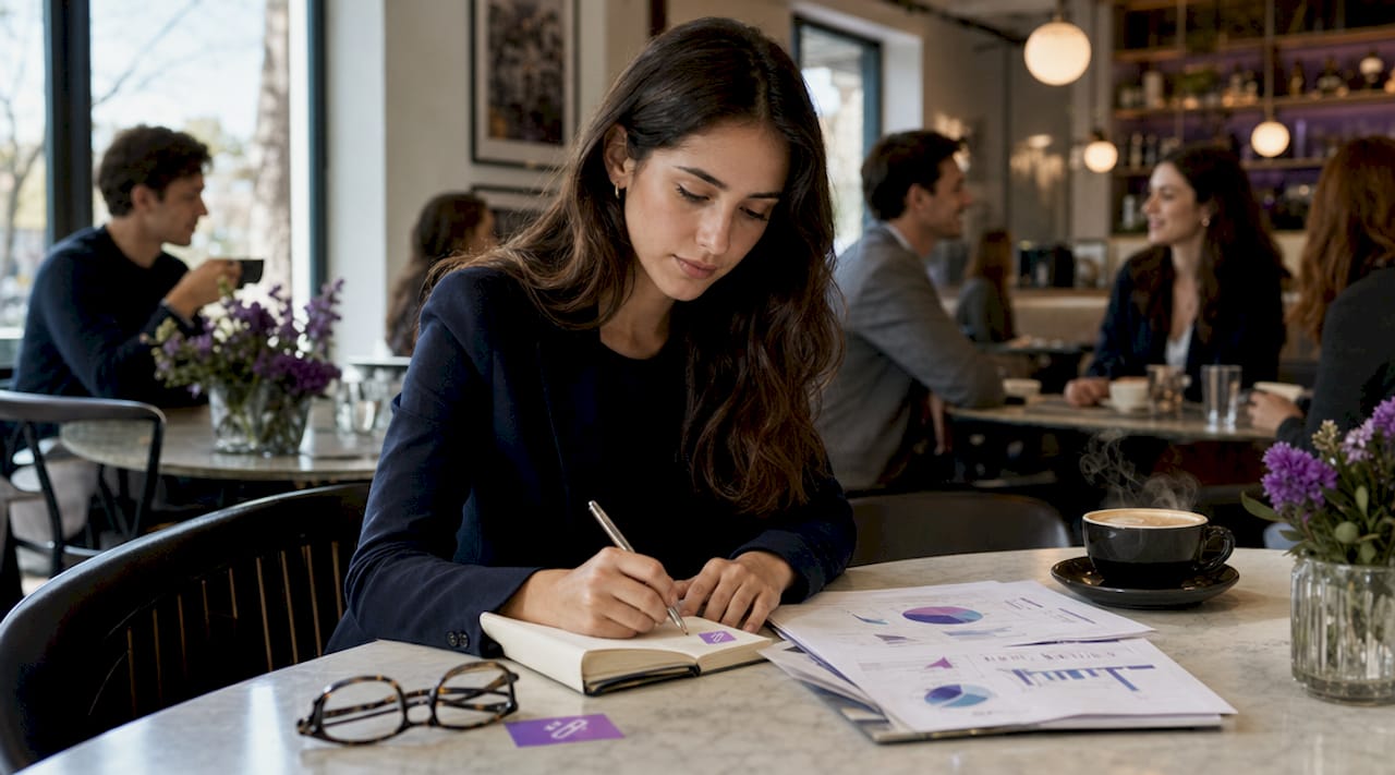 Woman reviewing company documents at desk