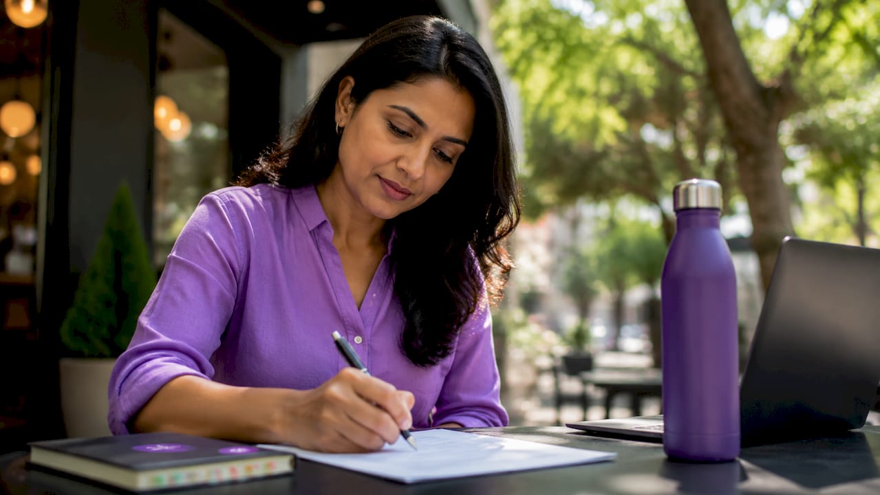 Woman writing cover letter at home desk