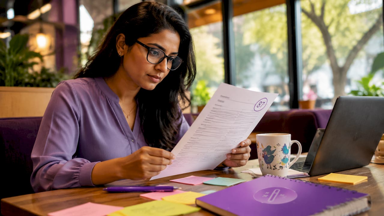 Woman reviewing printed resume score at desk