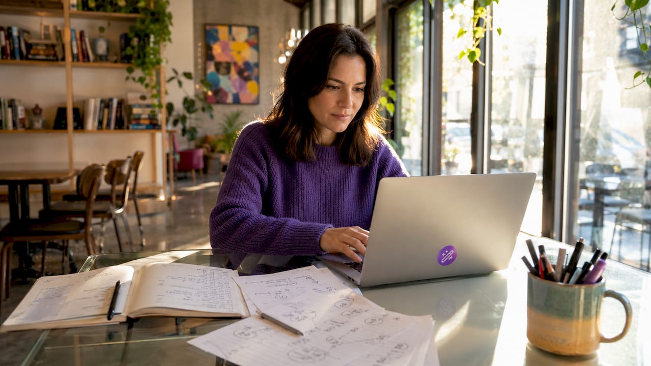 Woman typing quantified achievements on laptop