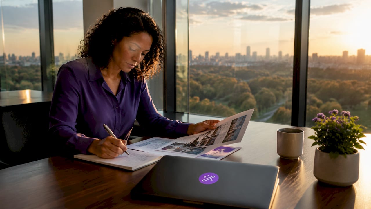 Professional reviewing company brochures at desk