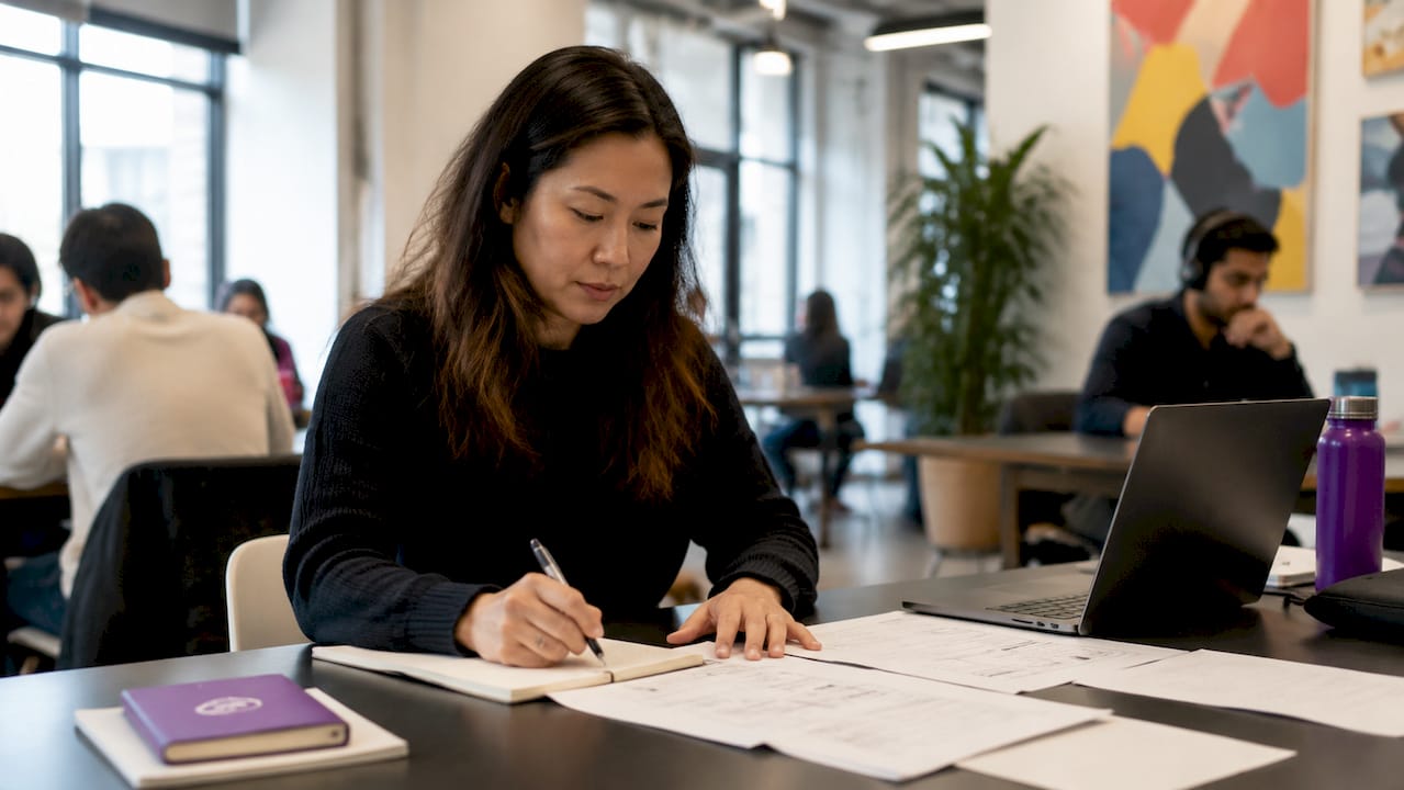 Woman reviewing job board API documentation at desk