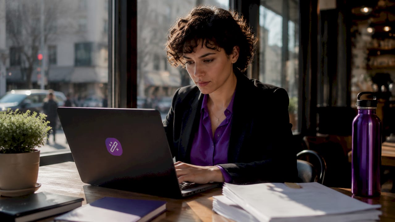 Professional reviewing resume on laptop at desk in office